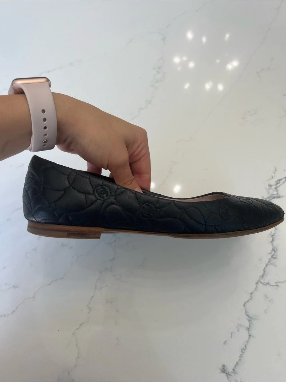 CHANEL Black Quilted Camellia Leather Ballet Flats